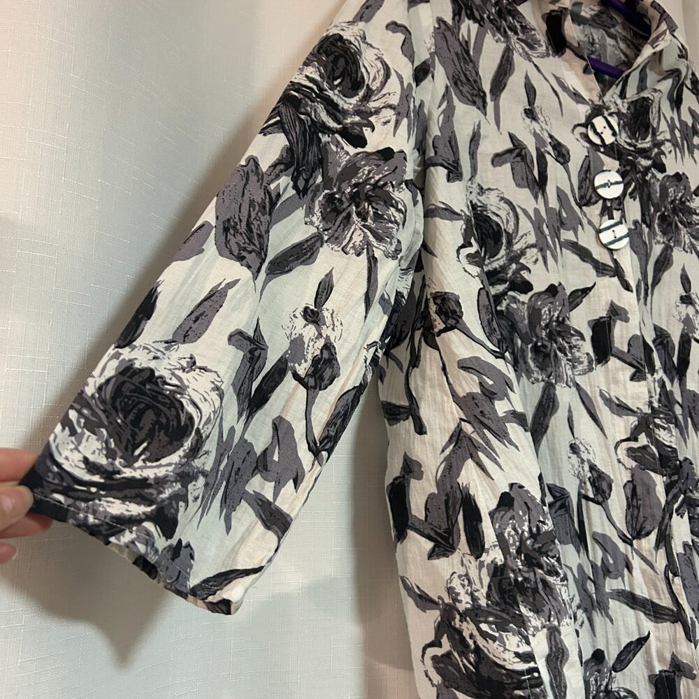 Habitat black & white floral blouse button up womens M Tunic Linen blend boho - Picture 3 of 9